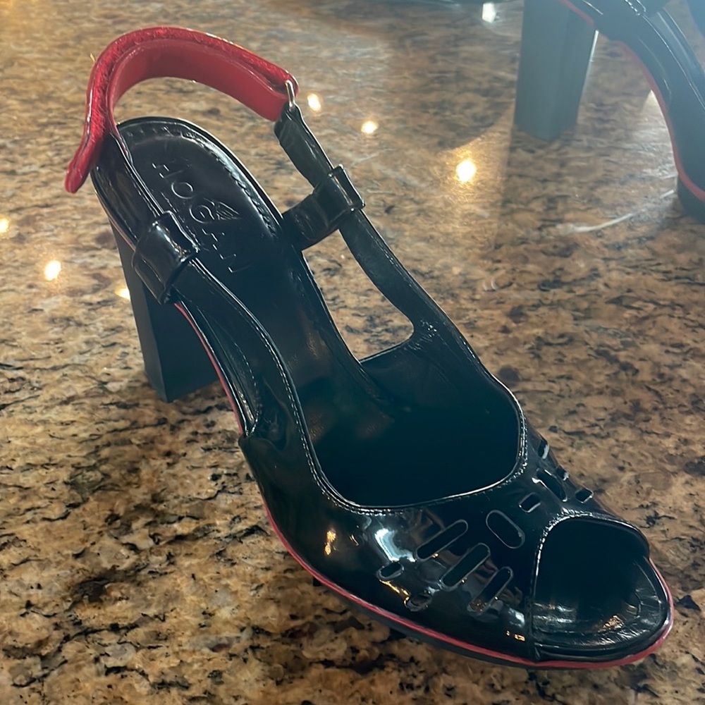 HOGAN 6.5 black, patent, leather and red accent heel. Excellent used condition